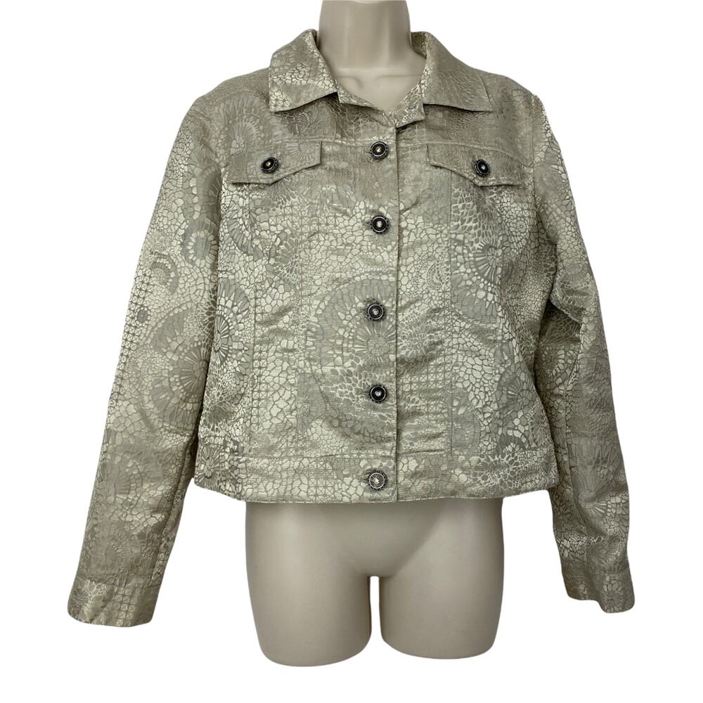 Chicos Jacket 1 Beige Animal Print Trucker Cropped Shiny Snake‎ Skin Small
